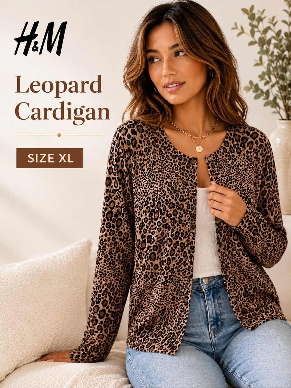 H&M Leopard Cardigan XL Y2K Animal Print Button Front Lightweight Sweater
